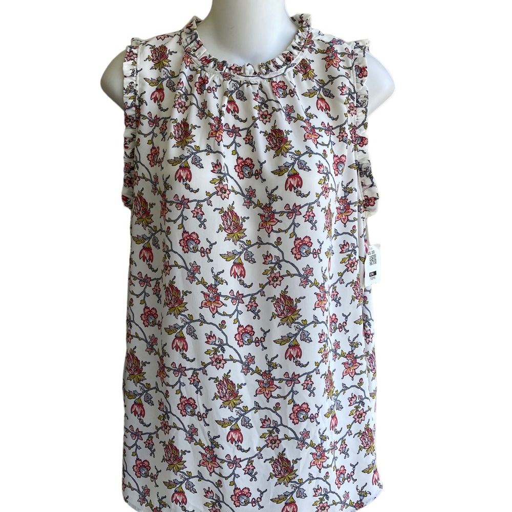New Loft Small Petite Media Mix Cream Floral Sleeveless Top Blouse Ruffle Trim